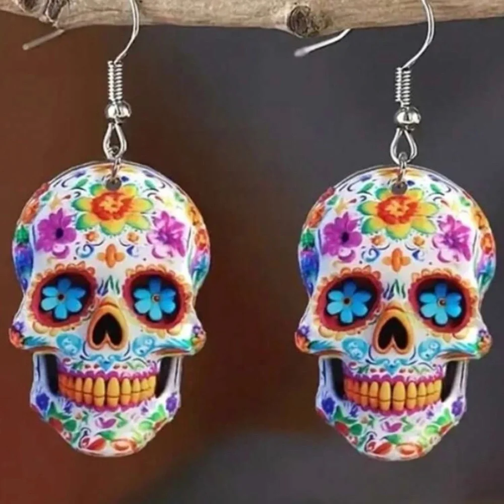 Floral Skull Drop Earrings - Picture 1 of 3